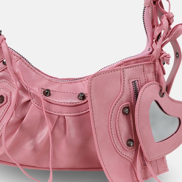 Studded Purse And Mirror Detail Shoulder Bag in Pink Faux Leather - Picture 2 of 7